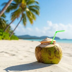A fresh coconut drink with a straw, placed on white sand with a tropical beach in the background.
