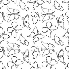 seamless pattern featuring hand-drawn butterfly outlines with elegant contour lines. The design captures the delicate and whimsical nature of butterflies, perfect for fabric, wallpapers, stationery. © Любовь Кондратьева