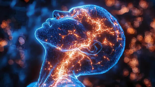 A digital visualization of a human head illuminated with a glowing neural network