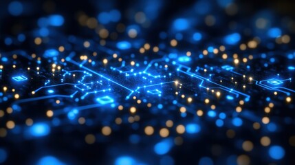 Fototapeta premium Abstract representation of a digital circuit with glowing blue and gold elements.