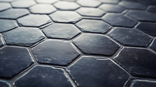 Close-up of black hexagonal floor tiles, high-resolution, professional photograph depth of field