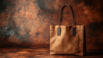 A stylish, brown tote bag sits against an artistic, textured backdrop, showcasing a blend of warm colors and an elegant design.