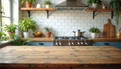 Cozy kitchen interior with wooden table, shelves full of plants, and stove in the background, copy space
