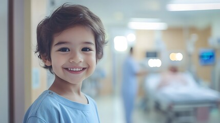 Cheerful Child Patient Smiling at in Hospital Corridor