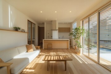 Fototapeta premium Bright and Inviting Living Room with Neutral Toned Sofa and Natural Daylight Streaming through Large Windows in a Minimalist Design