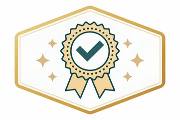 microcredentials, A badge featuring a checkmark inside a decorative ribbon, symbolizing quality, approval, and achievement with a sparkling background.