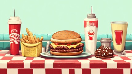 Illustration of a classic American diner style meal scene