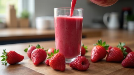 A vibrant red smoothie being poured into a glass, surrounded by fresh strawberries and raspberries on a kitchen counter