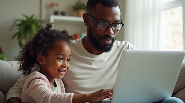 Father works on laptop with his daughter