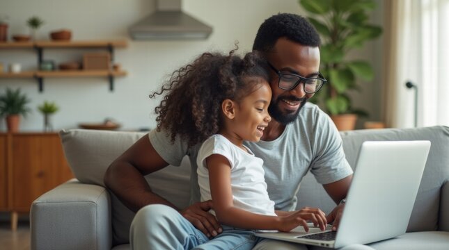 Father works on laptop with his daughter
