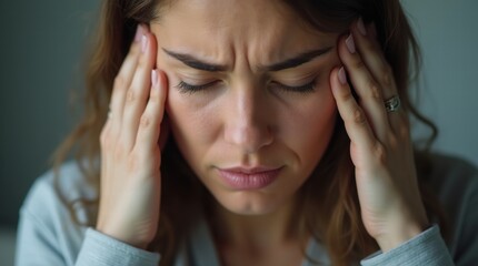 Close-up of a woman with a painful expression, holding her head in distress