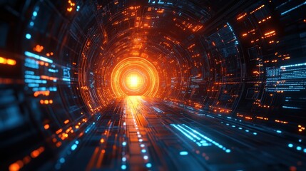 Obraz premium A futuristic tunnel with glowing lights leading to a bright center.