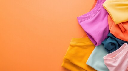 Colorful Cotton T-Shirts Stacked on Vibrant Orange Background for Fashion and Lifestyle Concepts