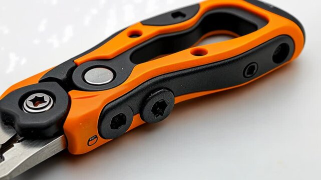 Close-up of a multi-tool with orange and black grip on a white surface