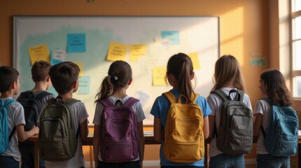 Fototapeta premium Group of young students with backpacks facing a large bulletin board in a classroom