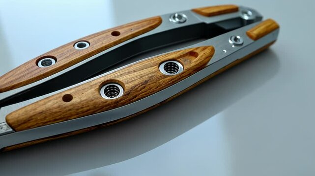Close-up of a multi-tool with wooden handle on a reflective surface