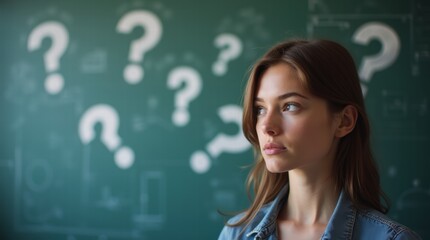 Portrait of a young woman with question marks in the background