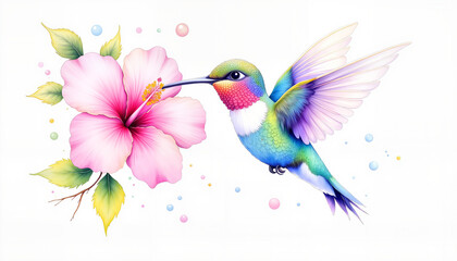 Obraz premium Whimsical hummingbird feeding on hibiscus flower, vibrant beauty