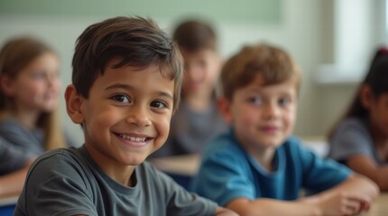 Obraz premium Schoolchildren in a classroom confidently look at the camera with their classmates in the background