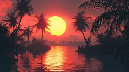 A vibrant sunset over a tranquil waterway, framed by silhouetted palm trees, creating a serene tropical atmosphere.