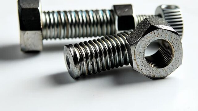 Close-up of metallic bolts and nuts on a white surface, showcasing texture