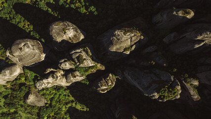 Aerial view of Meteora Monasteries in Greece. Magnificent monasteries of Meteora on the rocks at sunset