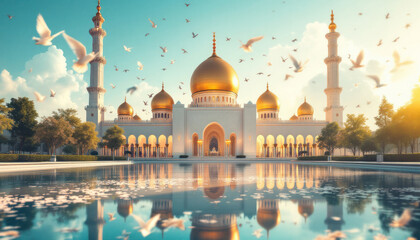 Majestic Mosque at Sunrise: A Breathtaking View of Architectural Grandeur
