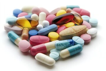 Assorted pharmaceutical pills and capsules forming a heart shape, symbolizing healthcare, love and well being
