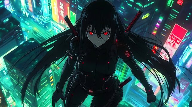 Anime Girl Samurai Cyberpunk Cityscape
