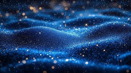 Abstract digital particles swirling, deep blue and gold, futuristic background, for screensaver or wallpaper