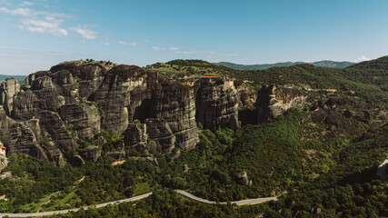 Aerial view of Meteora Monasteries in Greece. Magnificent monasteries of Meteora on the rocks at sunset