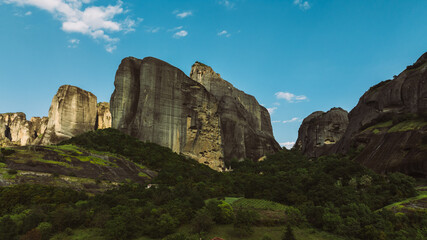 Aerial view of Meteora Monasteries in Greece. Magnificent monasteries of Meteora on the rocks at sunset