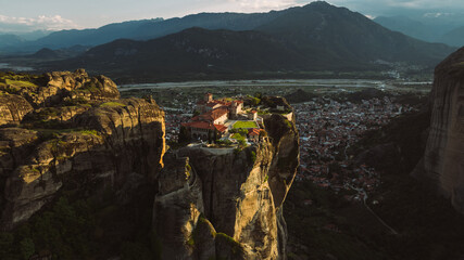 Obraz premium Aerial view of Meteora Monasteries in Greece. Magnificent monasteries of Meteora on the rocks at sunset