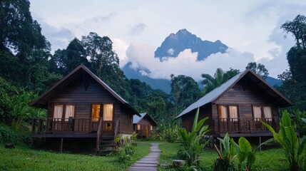 Fototapeta premium Eco-friendly cabin retreat amid lush forest and majestic mountains tropical paradise travel guide serene atmosphere nature escape