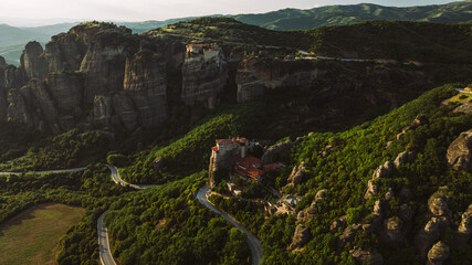 Aerial view of Meteora Monasteries in Greece. Magnificent monasteries of Meteora on the rocks at...
