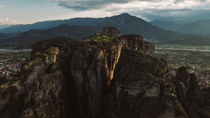 Obraz premium Aerial view of Meteora Monasteries in Greece. Magnificent monasteries of Meteora on the rocks at sunset