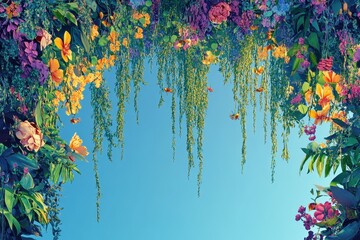 An artistic composition of flowers and vines against a blue sky