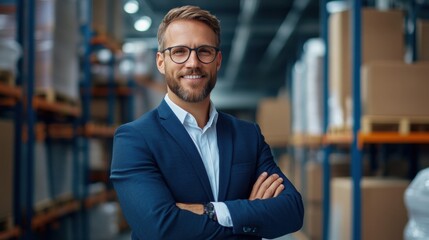 Fototapeta premium Professional businessman smiling confidently in modern warehouse setting with shelves and boxes in background