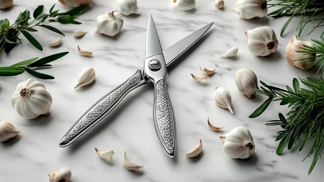 Silver kitchen scissors on marble surface surrounded by garlic cloves