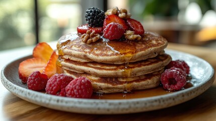Fluffy pancakes, berries, cafe breakfast