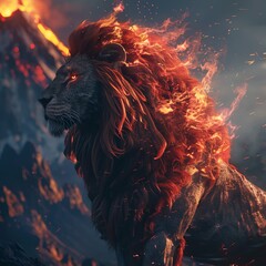 Fiery lion, majestic and powerful, ablaze against a volcanic backdrop. A digital masterpiece.