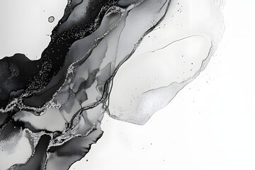 A monochrome artwork with organic flowing shapes and fine, detailed textures, evoking a sense of motion and depth