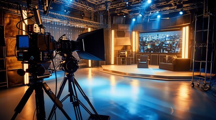 A professional video camera is aimed at a set, lit by many sophists. In the center of the frame is upholstered furniture designed to record talk shows.