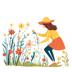 A young girl gathers flowers in a vibrant garden, showcasing the beauty of nature and the joy of outdoor activities. Her colorful attire adds a playful touch to the scene.