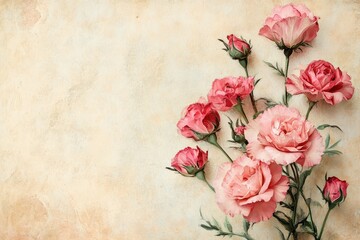 Pink roses arranged on a beige textured background