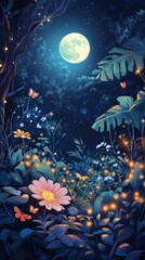 Enchanted garden with glowing lights under a full moon