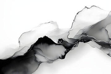 A modern minimalistic abstract painting with swirling black and white patterns, resembling ink flowing through water
