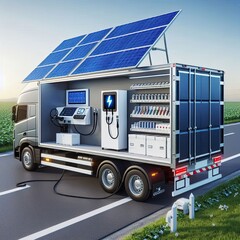 Naklejka premium A logistics truck with a solar-powered charging station on the side of the road