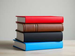 Stack of books, colorful covers, red book, brown book, blue book, black book, wooden table, neat arrangement, educational materials, reading, learning, knowledge, study, literature, textbooks, hardcov