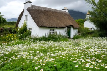 White thatched cottage surrounded by daisies and clovers in the scenic landscape of Ireland, showcasing the beauty of Irish countryside
